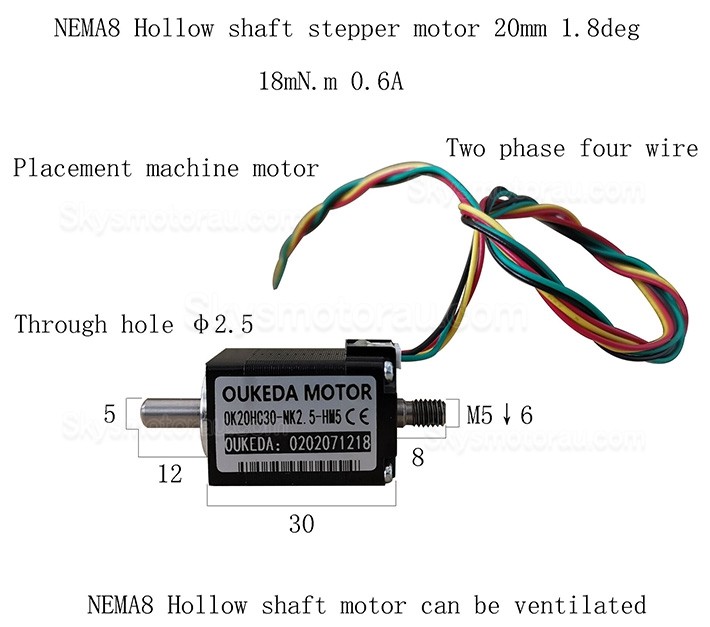 Oukeda OK20HC30-NK2.5-HM5 NEMA8 Hollow Shaft Stepper Motor 1.8Ncm 0.6A 1.8 Deg 4Wires
